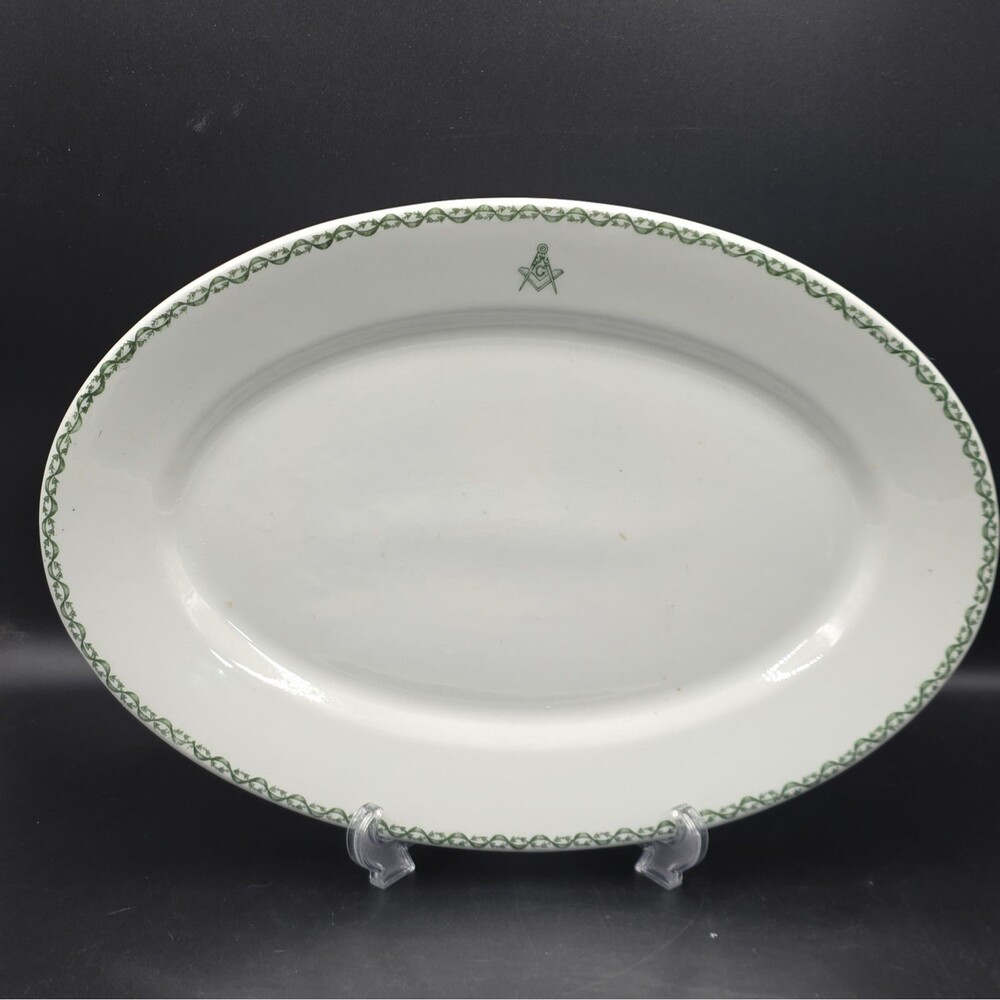 Warwick China Freemason Masonic Lodge Oval Platter Green Floral Swag 1920-1930